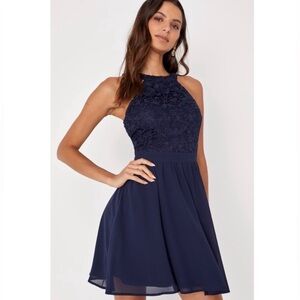 Lulus Lover’s Game Navy Blue Lace Skater Dress Sleeveless Size S New